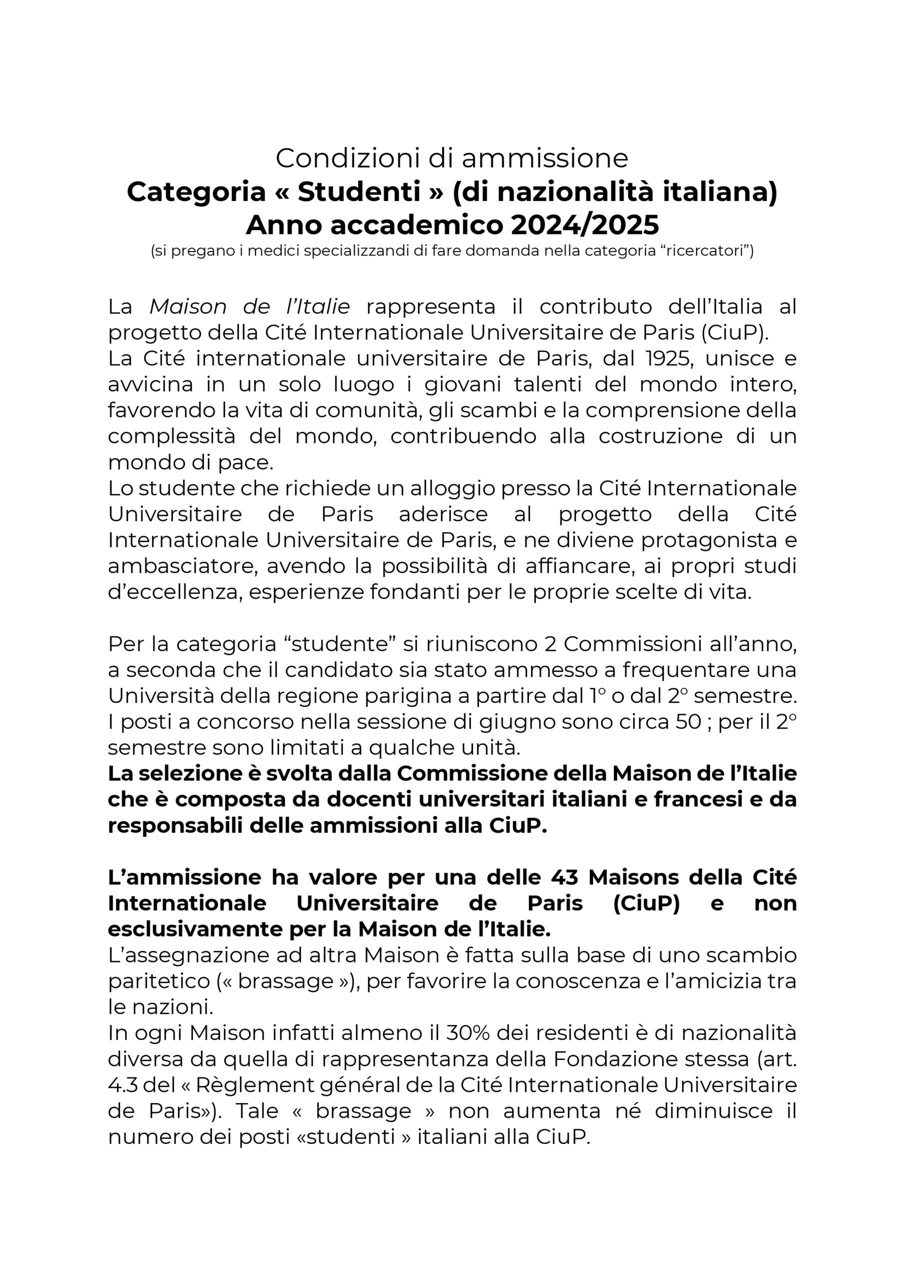 Condizioni di ammissione 2024/2025